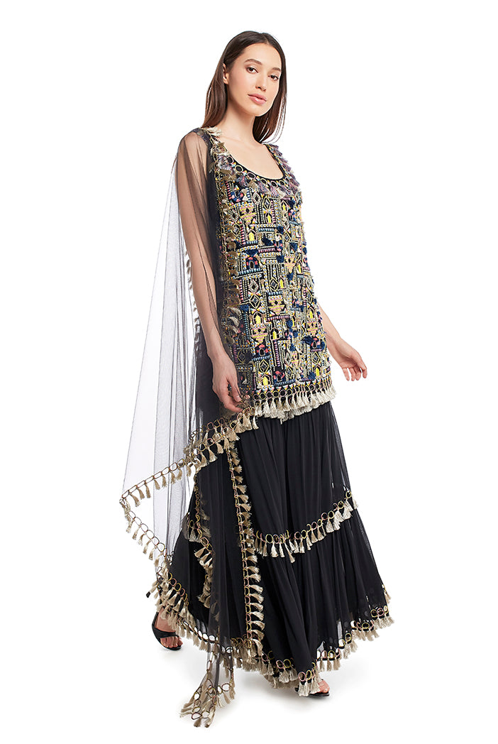 Ida Stone Georgette Kurta with Sharara and Net Dupatta