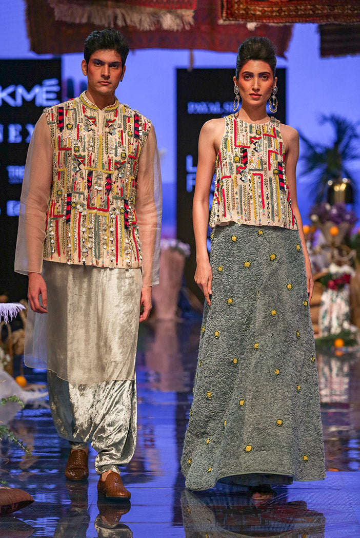 Umair Stone Organza Bandi and Kurta with Periwinkle Blue Low Crotch Pant