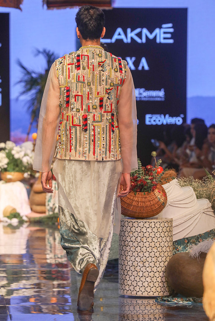 Umair Stone Organza Bandi and Kurta with Periwinkle Blue Low Crotch Pant