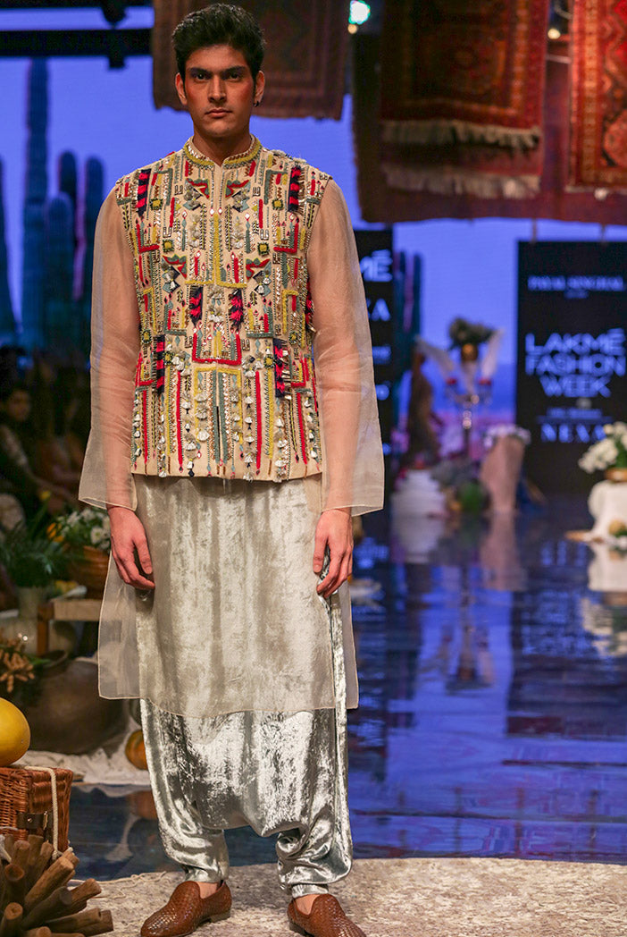 Umair Stone Organza Bandi and Kurta with Periwinkle Blue Low Crotch Pant