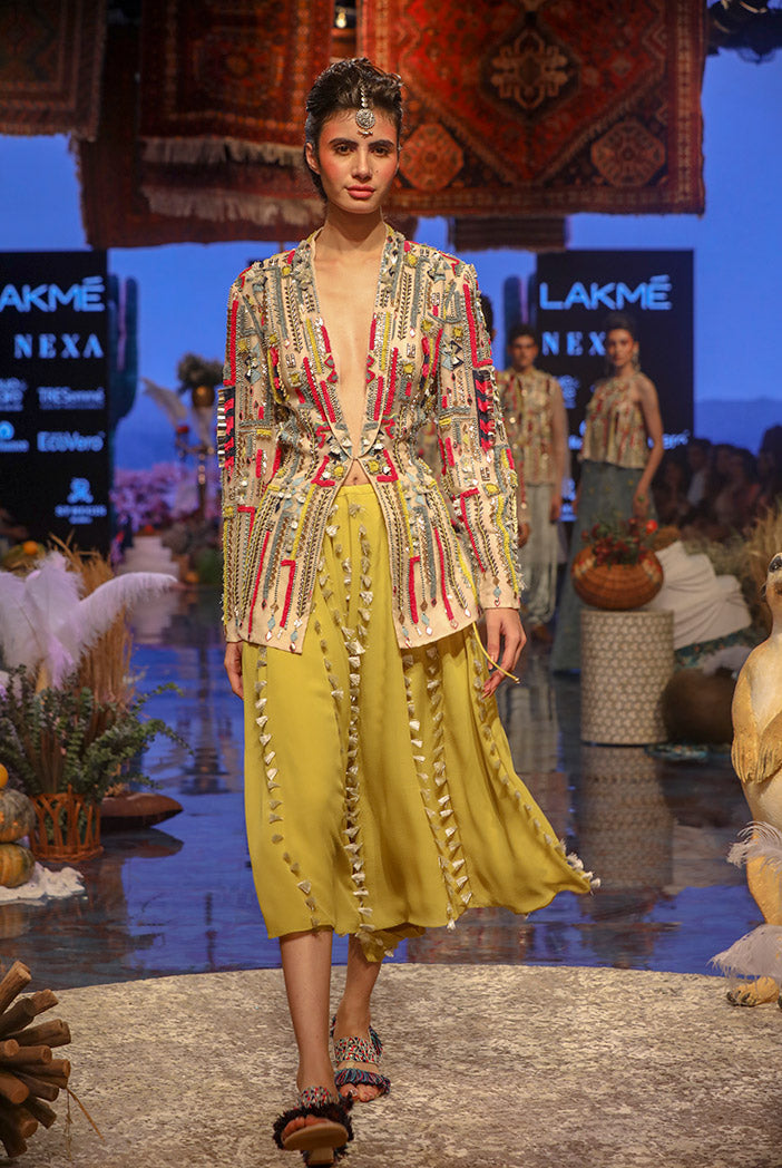 Marakesh Stone Organza Back Tie-up Jacket with Lime Green Georgette Skirt