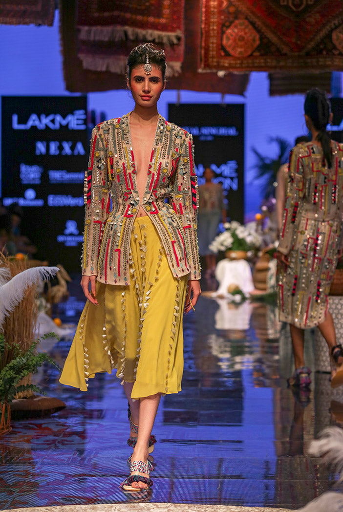Marakesh Stone Organza Back Tie-up Jacket with Lime Green Georgette Skirt