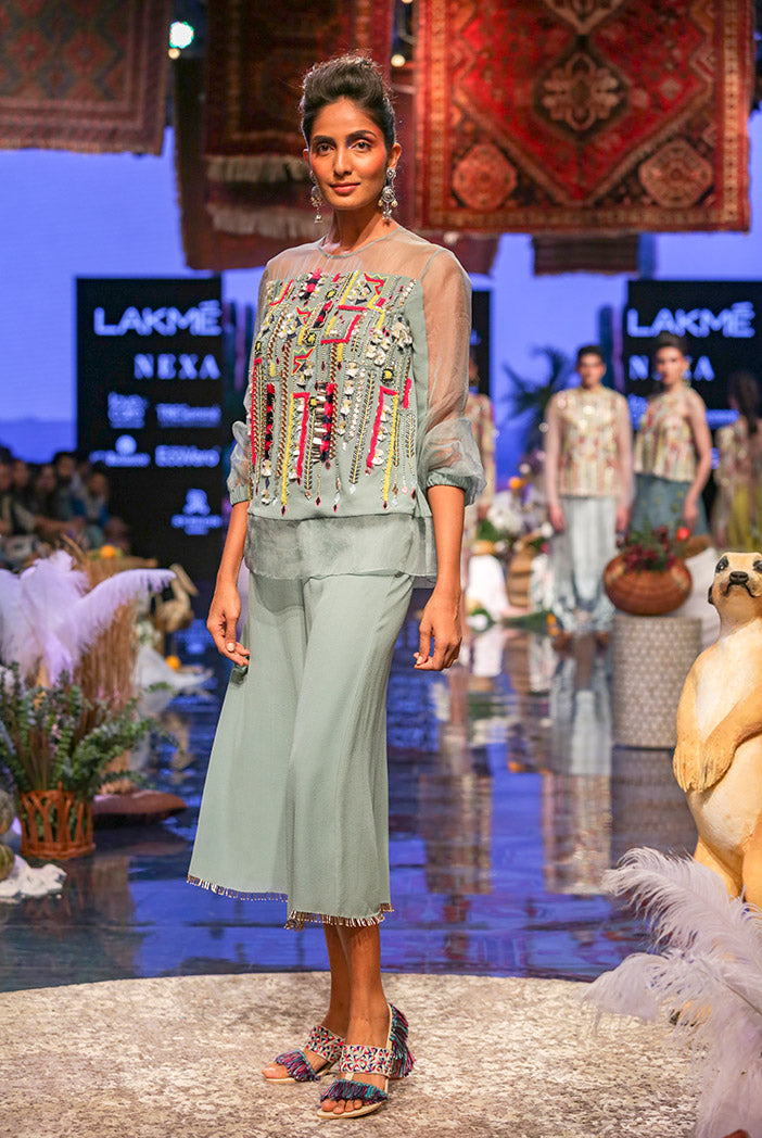 Julia Periwinkle blue Georgette and Organza Top with Georgette Culottes Pant