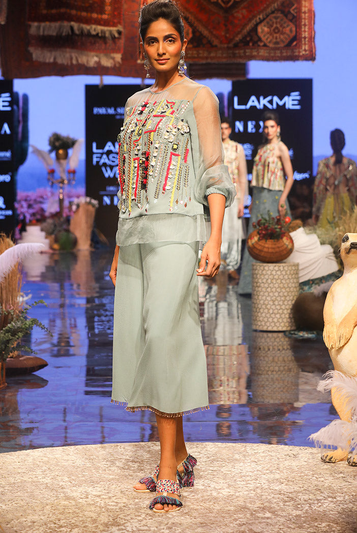 Julia Periwinkle blue Georgette and Organza Top with Georgette Culottes Pant