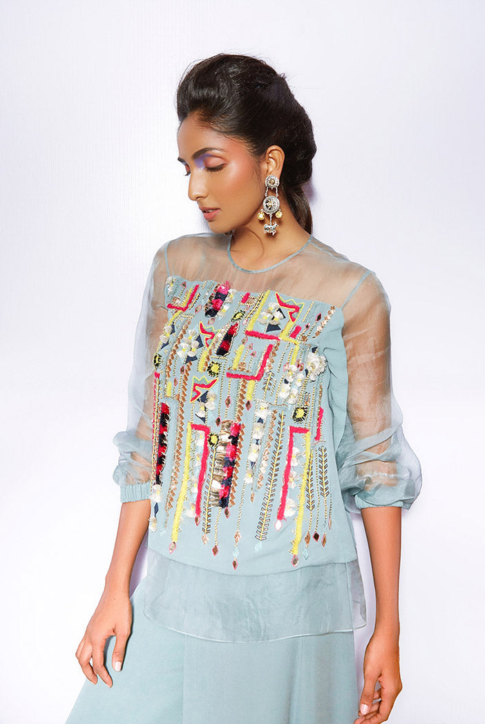 Julia Periwinkle blue Georgette and Organza Top with Georgette Culottes Pant