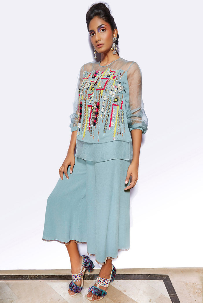 Julia Periwinkle blue Georgette and Organza Top with Georgette Culottes Pant