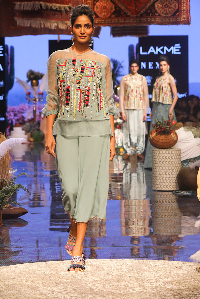 Julia Periwinkle blue Georgette and Organza Top with Georgette Culottes Pant
