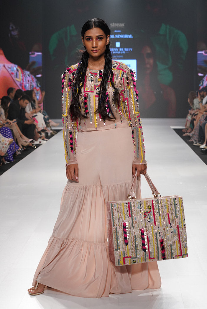 Fariba Rose Pink Organza Crop Top with Crepe Bustier and Sharara Pant