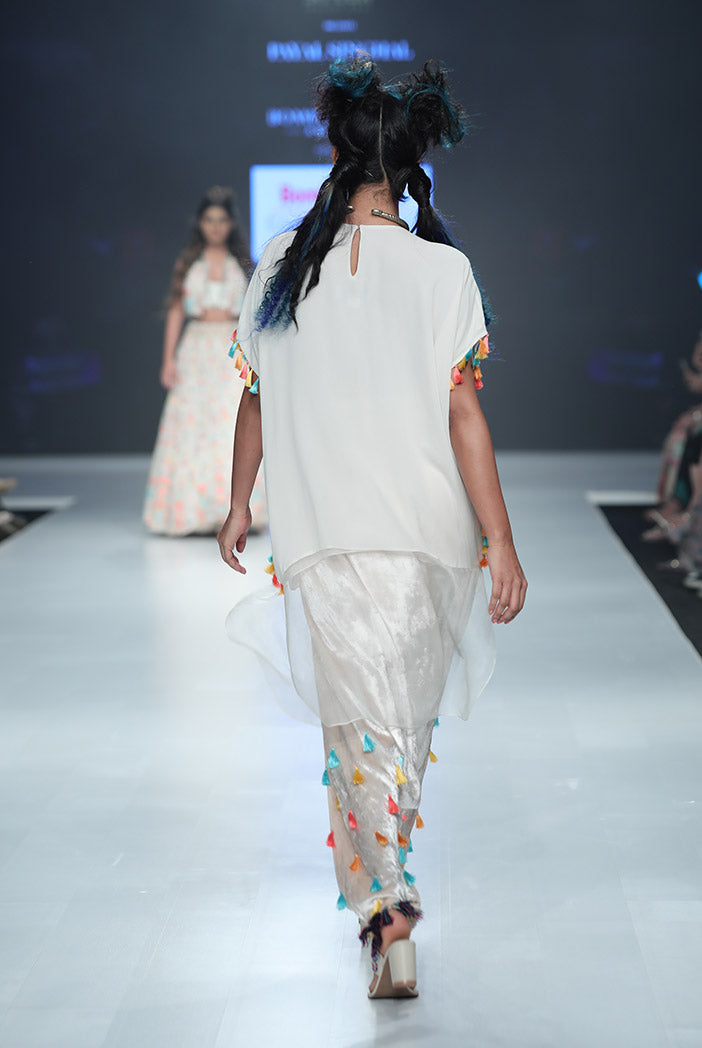 Kiya Chalk White Georgette and Organza Kaftan Tunic with Velvet Low Crotch Pant