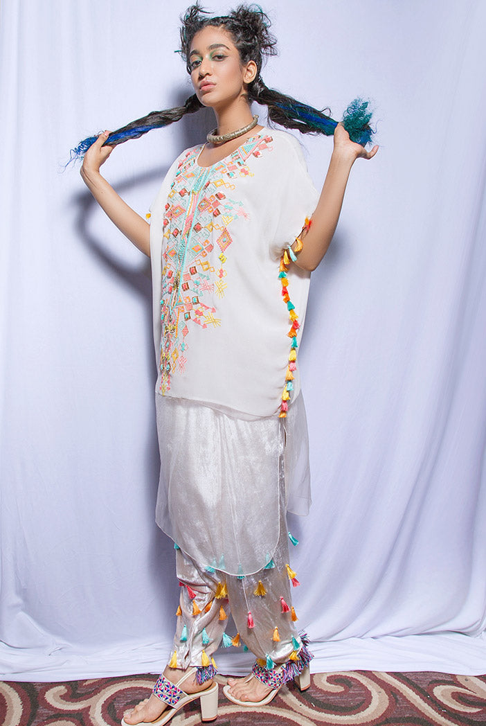 Kiya Chalk White Georgette and Organza Kaftan Tunic with Velvet Low Crotch Pant