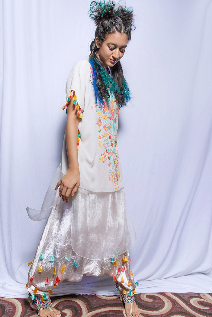 Kiya Chalk White Georgette and Organza Kaftan Tunic with Velvet Low Crotch Pant