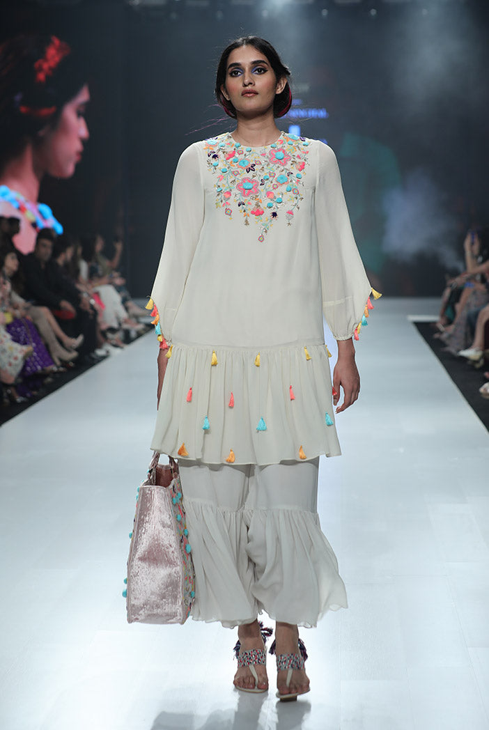 Minoo Chalk White Georgette Frill Kurta with Frill Palazzo