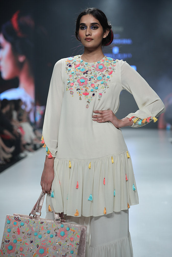 Minoo Chalk White Georgette Frill Kurta with Frill Palazzo