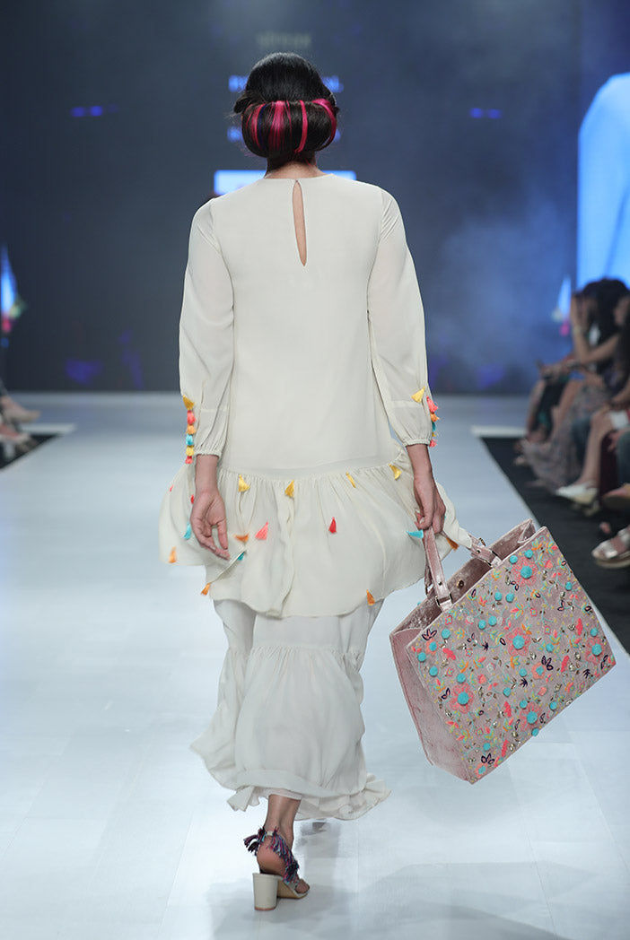 Minoo Chalk White Georgette Frill Kurta with Frill Palazzo