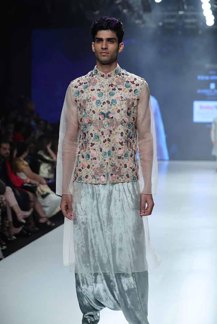 Ayan Stone Organza Bandi with Kurta and Periwinkle Blue Velvet Low Crotch Pant