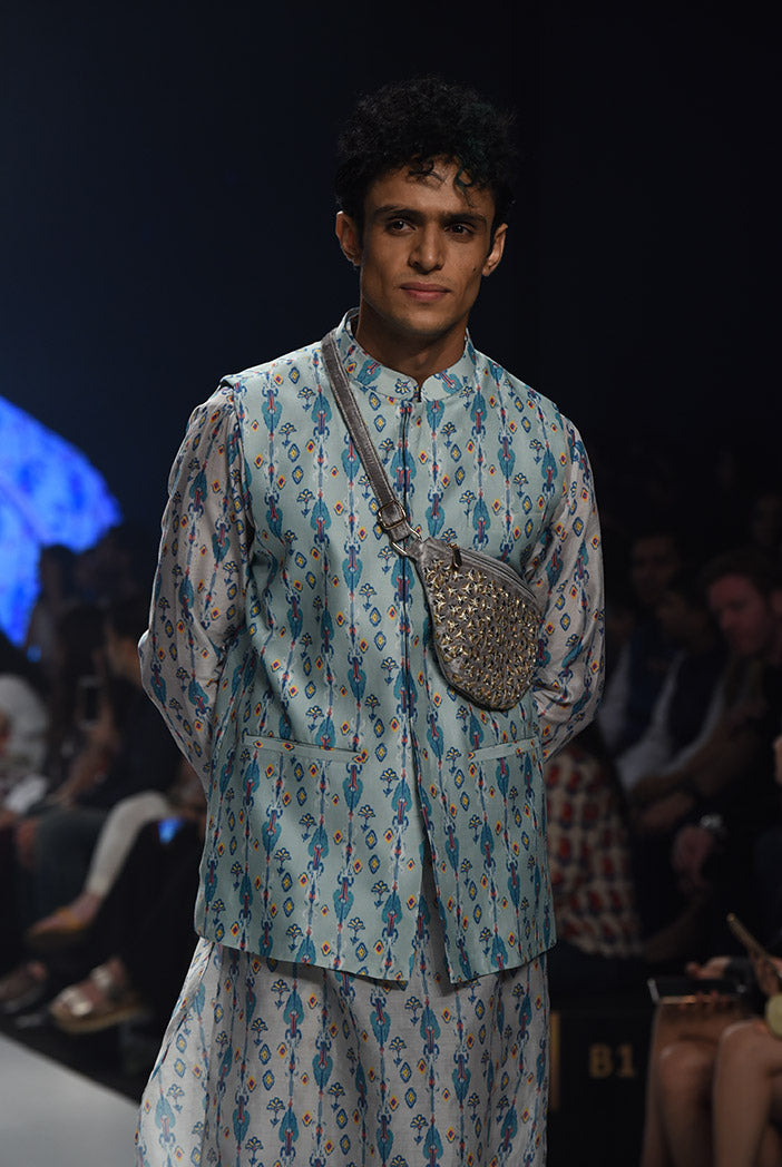 Zaffar Blue Printed Silkmul Bandi with White Printed Silkmul Kurta and Churidar
