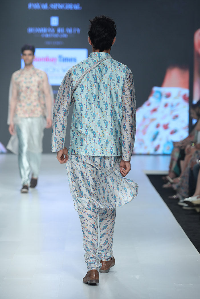 Zaffar Blue Printed Silkmul Bandi with White Printed Silkmul Kurta and Churidar