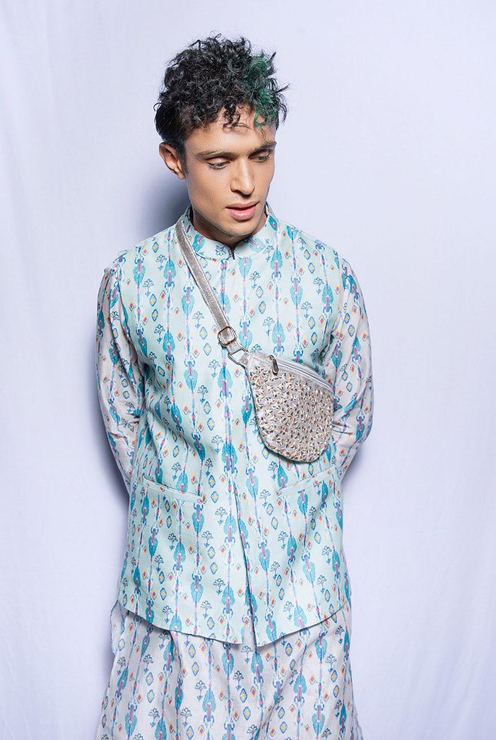 Zaffar Blue Printed Silkmul Bandi with White Printed Silkmul Kurta and Churidar
