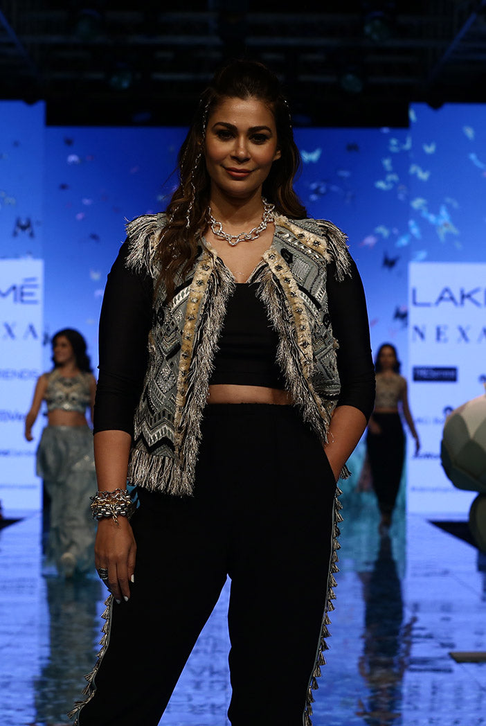 Iraj Pale Blue Georgette Jacket and Black Lycra Top and Georgette Pant