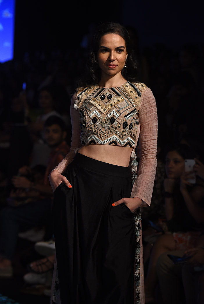 Arsia Blush Crepe with Chanderi Cropped Anarkali and Black Lycra Low Crotch Pant