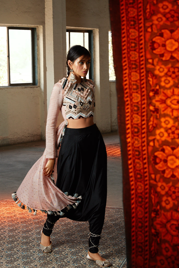 Arsia Blush Crepe with Chanderi Cropped Anarkali and Black Lycra Low Crotch Pant