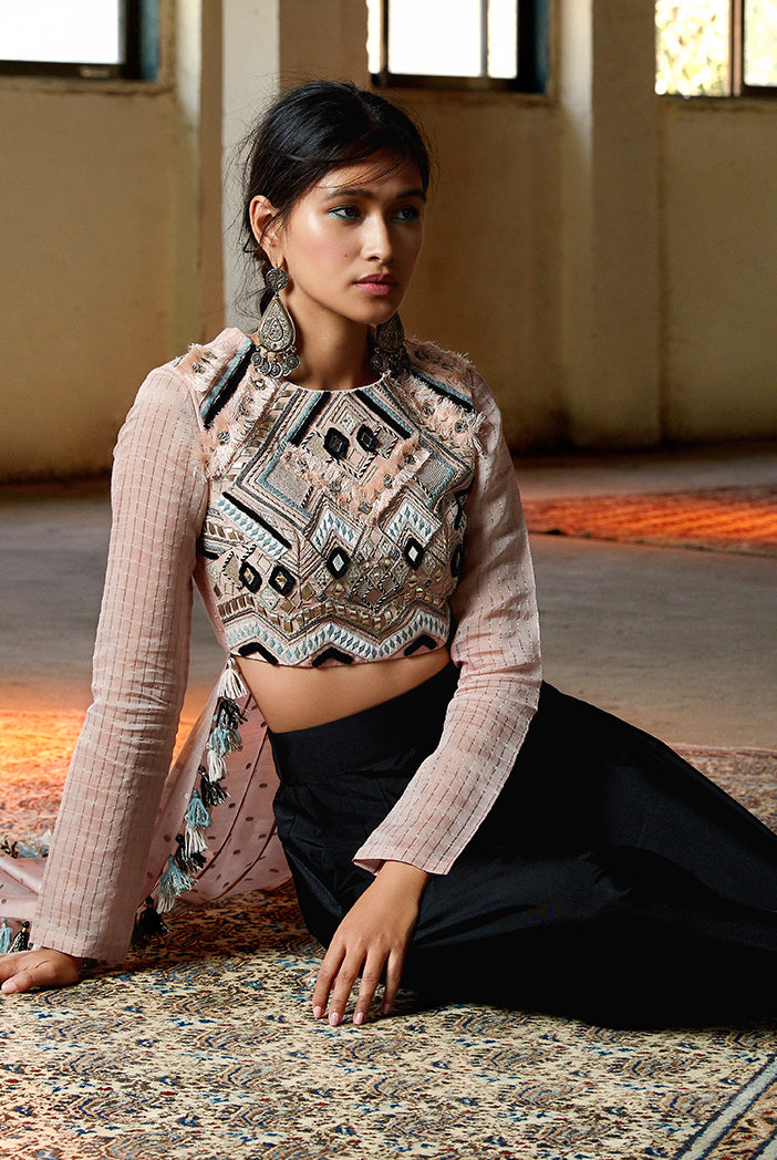 Arsia Blush Crepe with Chanderi Cropped Anarkali and Black Lycra Low Crotch Pant