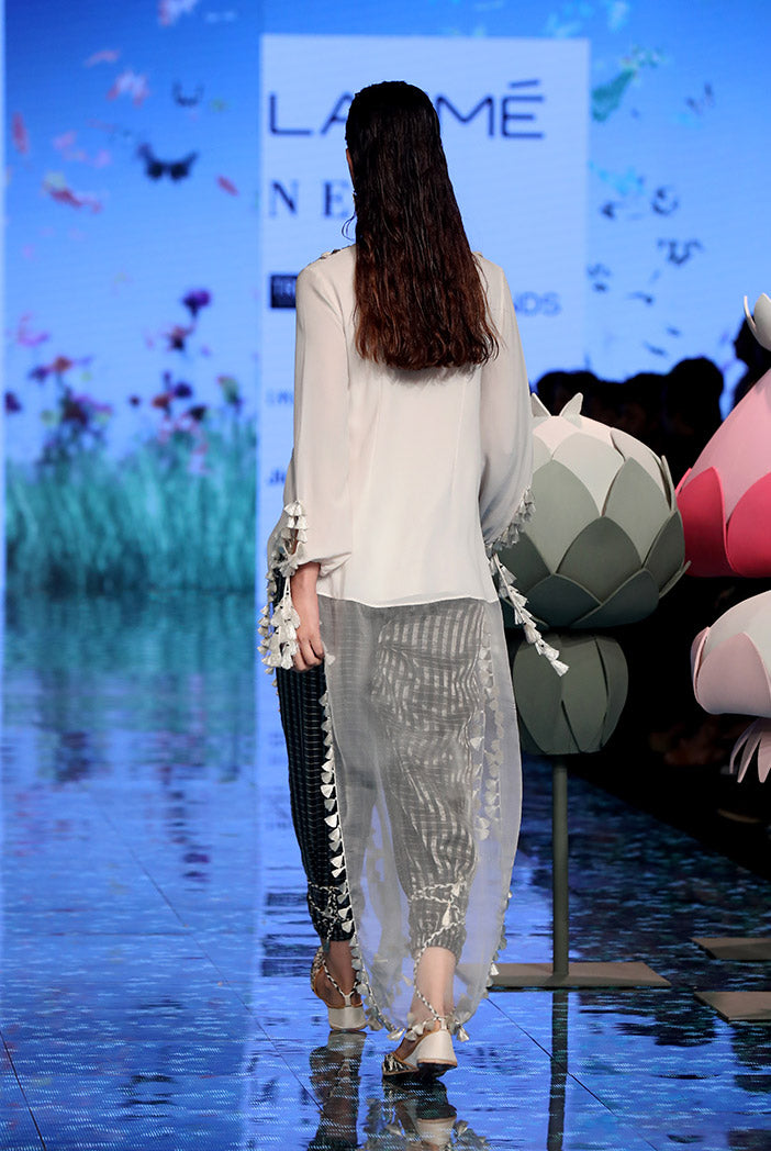 Anosh Chalk White Georgette Kaftan Tunic and Black Chanderi Stripe Jogger Pant