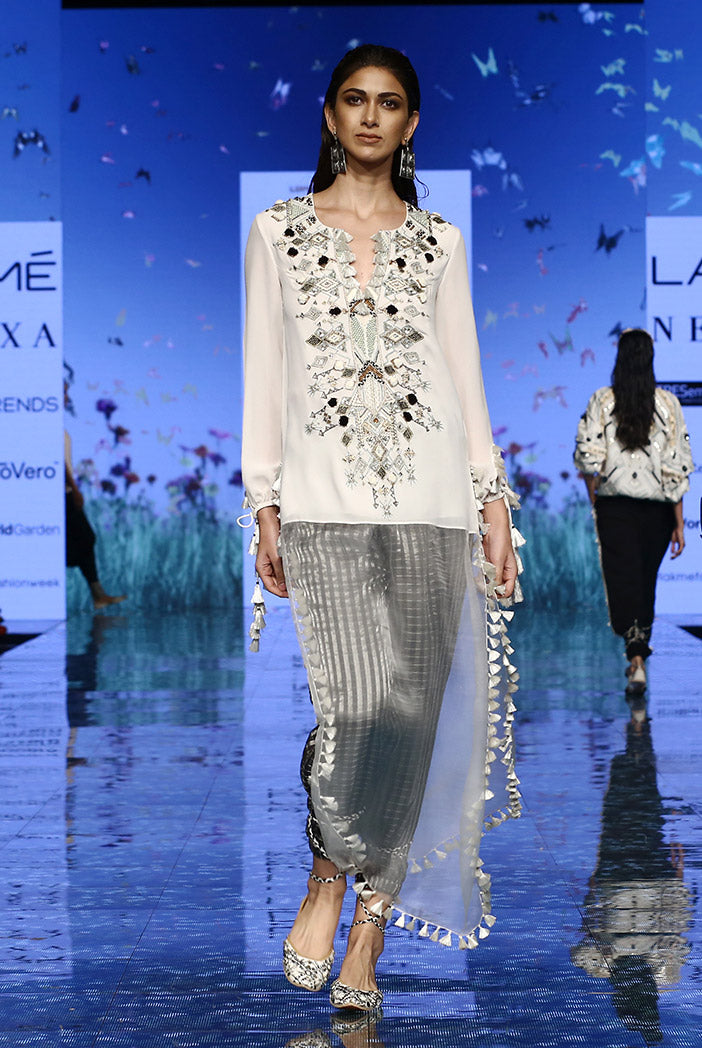 Anosh Chalk White Georgette Kaftan Tunic and Black Chanderi Stripe Jogger Pant