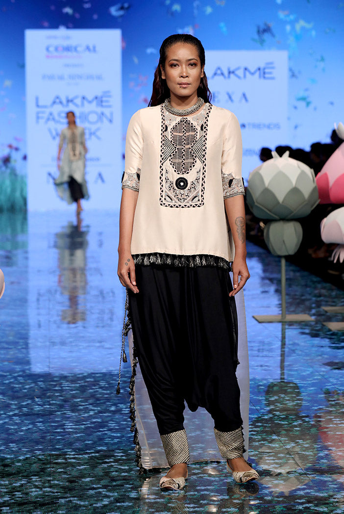 Amineh Stone Silk High Low Kurta with Black Lycra Low Crotch Pant