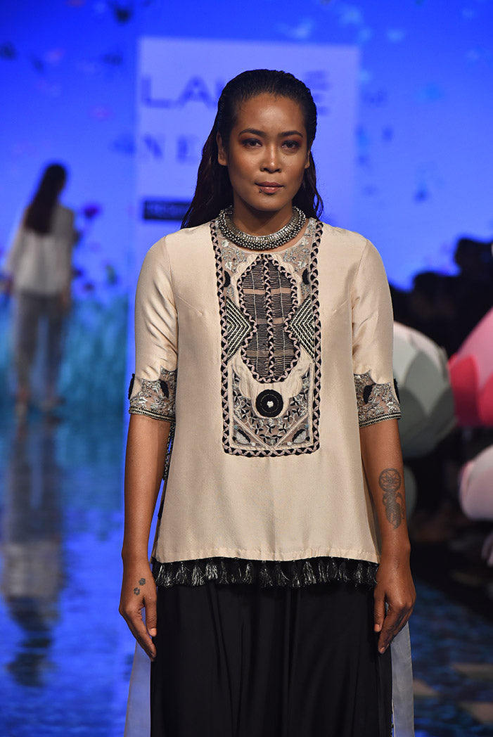 Amineh Stone Silk High Low Kurta with Black Lycra Low Crotch Pant