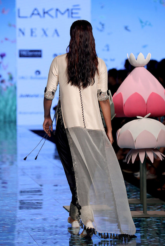 Amineh Stone Silk High Low Kurta with Black Lycra Low Crotch Pant