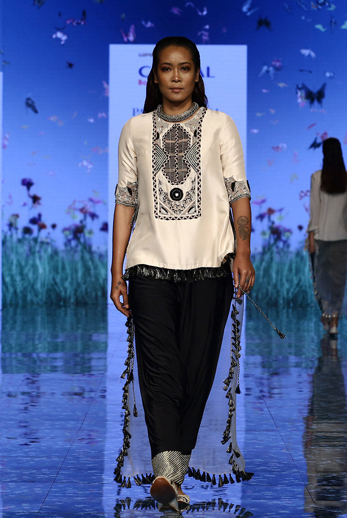 Amineh Stone Silk High Low Kurta with Black Lycra Low Crotch Pant