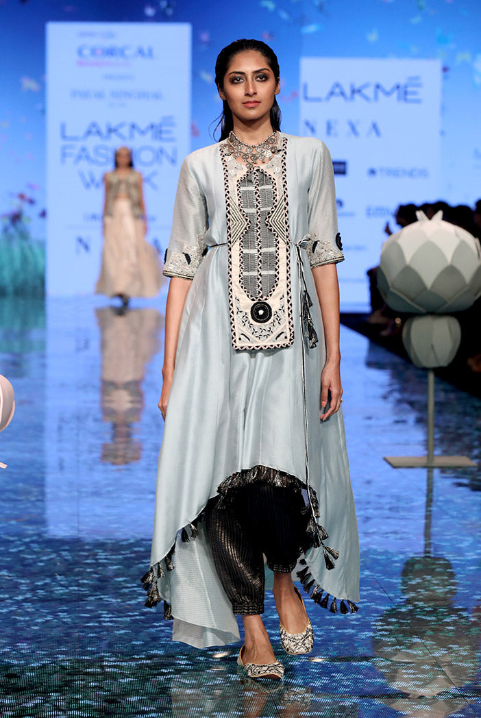 Azara Pale Blue Silkmul Yoke Embroidered High Low Kurta with Black Chanderi Stripe Jogger Pant