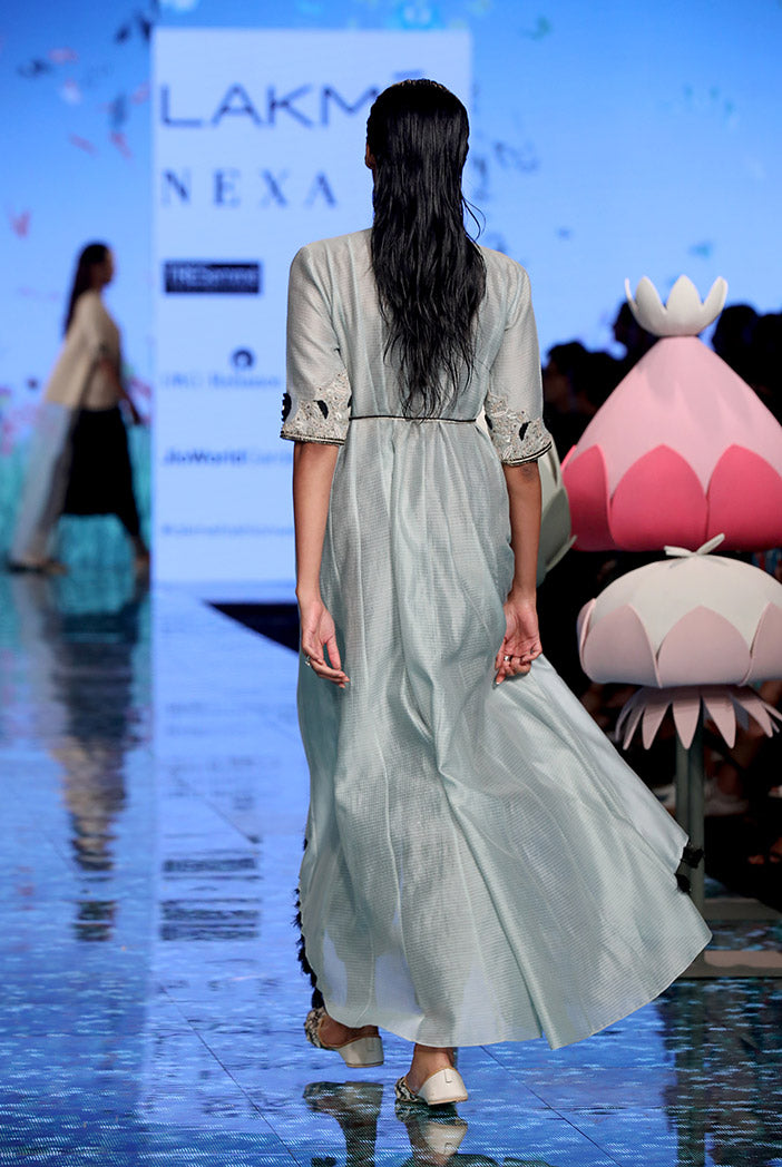 Azara Pale Blue Silkmul Yoke Embroidered High Low Kurta with Black Chanderi Stripe Jogger Pant