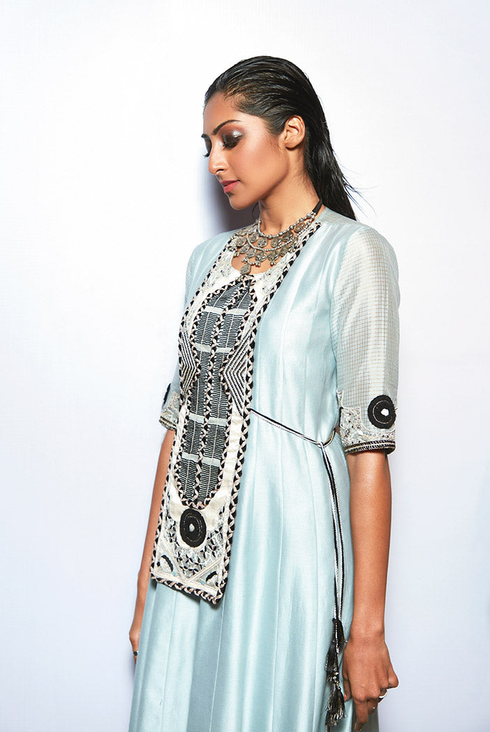 Azara Pale Blue Silkmul Yoke Embroidered High Low Kurta with Black Chanderi Stripe Jogger Pant