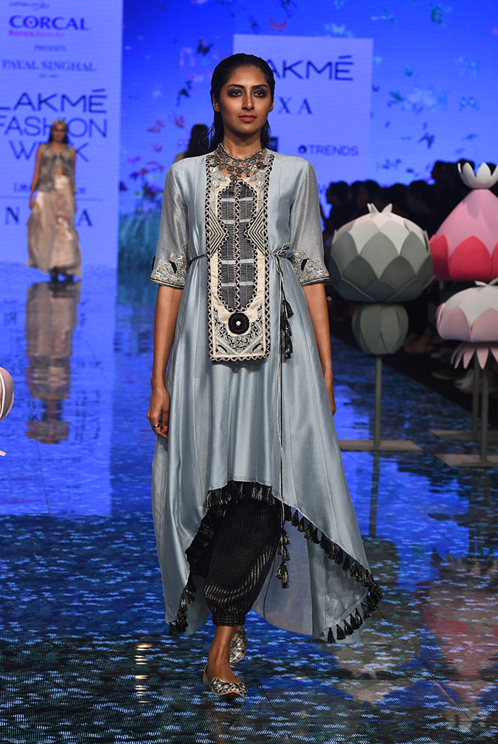 Azara Pale Blue Silkmul Yoke Embroidered High Low Kurta with Black Chanderi Stripe Jogger Pant