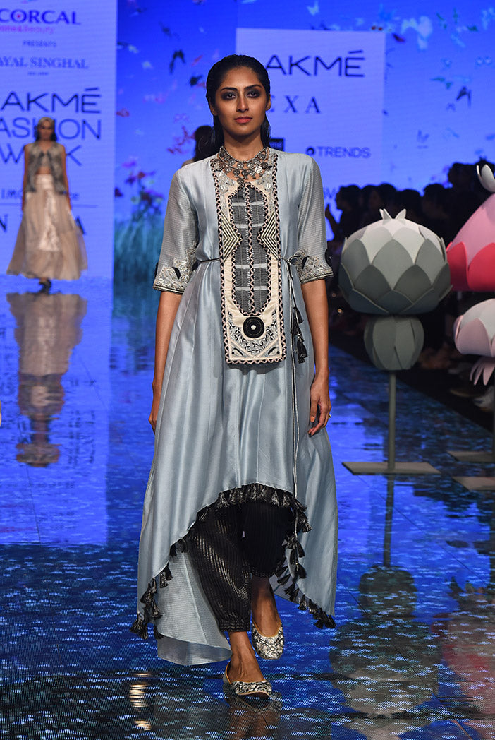 Azara Pale Blue Silkmul Yoke Embroidered High Low Kurta with Black Chanderi Stripe Jogger Pant