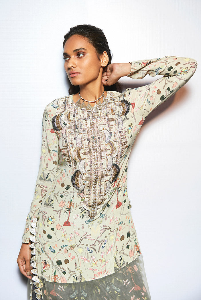 Malisa Khaki Printed Crepe and Organza Kaftan Tunic with Black Printed Crepe Sharara