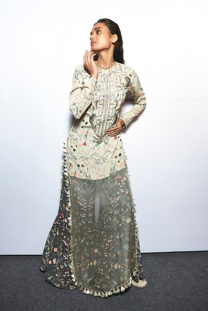 Malisa Khaki Printed Crepe and Organza Kaftan Tunic with Black Printed Crepe Sharara