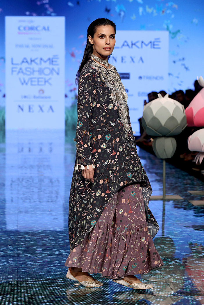 Pirooz Black Printed Crepe Embroidered Kurta with Purple Printed Crepe Sharara