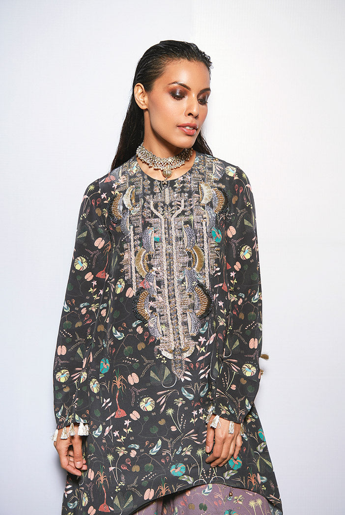 Pirooz Black Printed Crepe Embroidered Kurta with Purple Printed Crepe Sharara