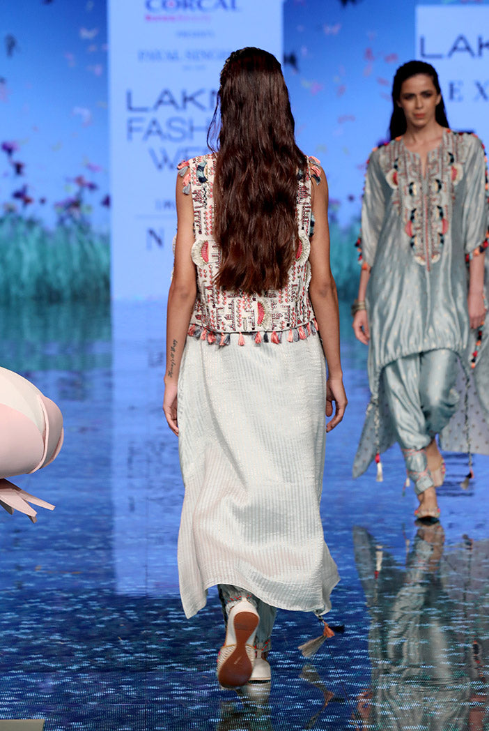 Parviz Chalk White Georgette Jacket with Pale Blue Chanderi Stripe Kurta and Jogger Pant