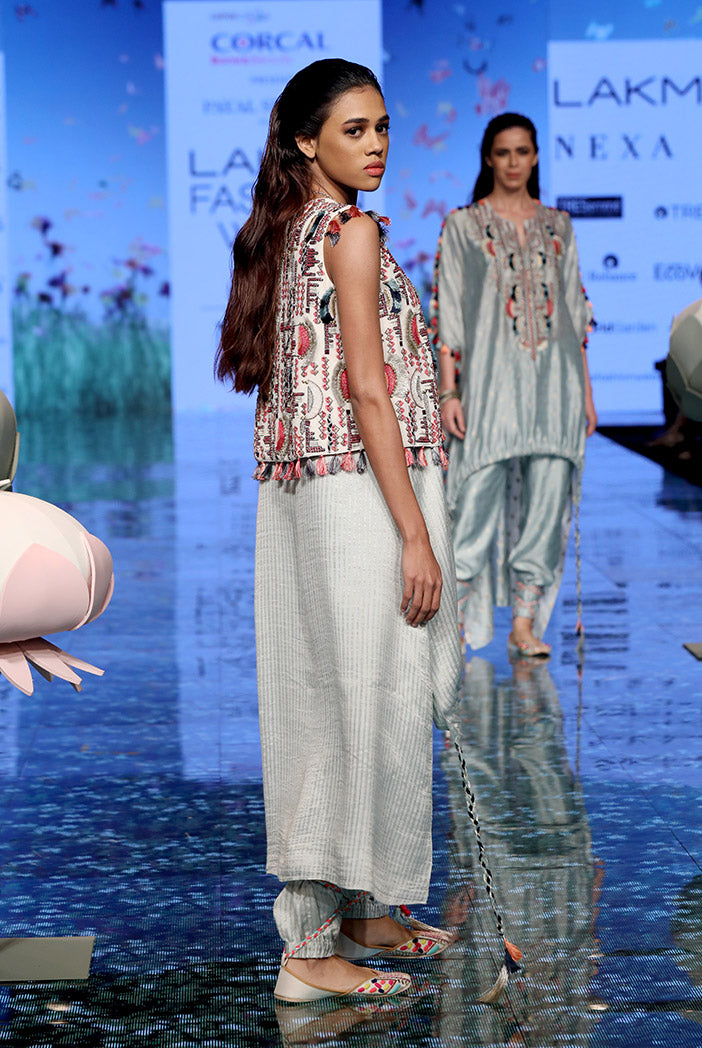 Parviz Chalk White Georgette Jacket with Pale Blue Chanderi Stripe Kurta and Jogger Pant