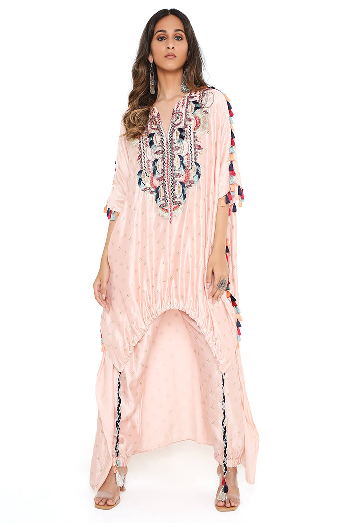 Rose Pink Banarasi Silk Yoke Embroidered Kurta Worn With Jogger Pant