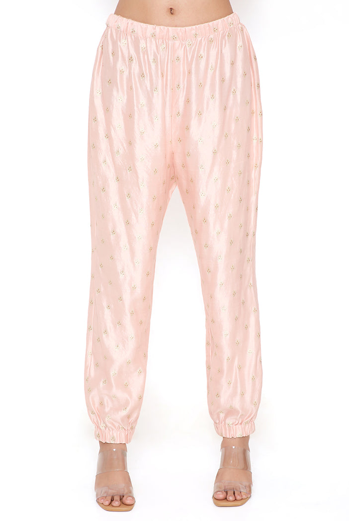Rose Pink Banarasi Silk Yoke Embroidered Kurta Worn With Jogger Pant