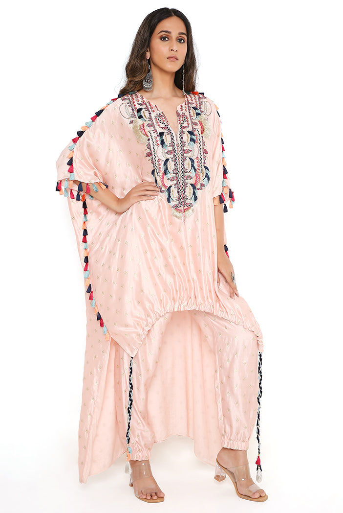 Rose Pink Banarasi Silk Yoke Embroidered Kurta Worn With Jogger Pant