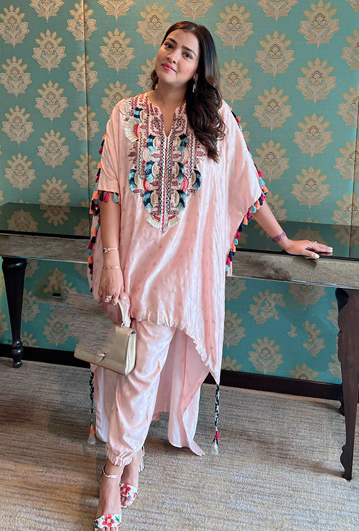 Rose Pink Banarasi Silk Yoke Embroidered Kurta Worn With Jogger Pant