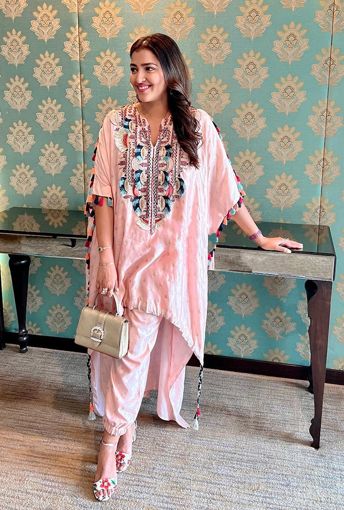 Rose Pink Banarasi Silk Yoke Embroidered Kurta Worn With Jogger Pant