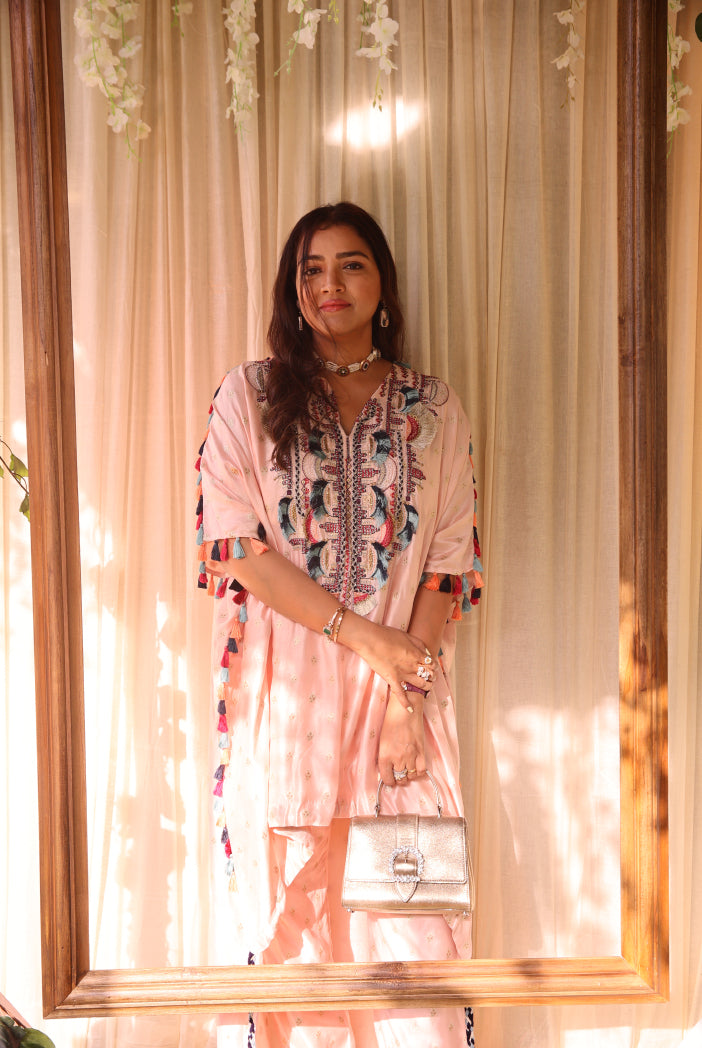 Rose Pink Banarasi Silk Yoke Embroidered Kurta Worn With Jogger Pant