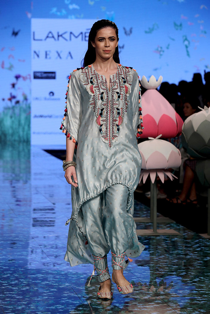 Nida Pale Blue Banarsi Silkmul Kaftan and Jogger Pant